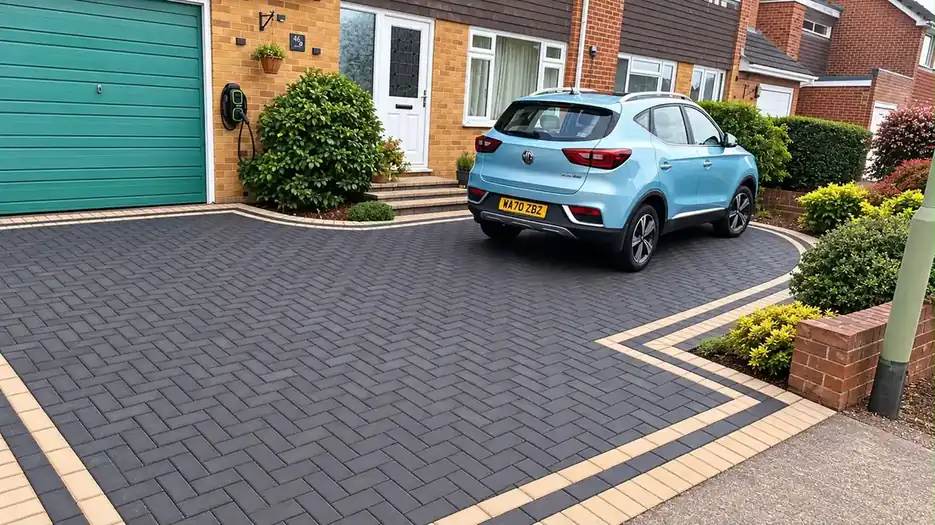 Charcoal block-paved driveway with curved buff edging around planted borders