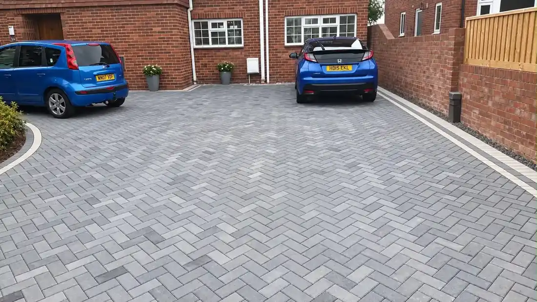 Grey herringbone block-paved driveway with light contrasting borders