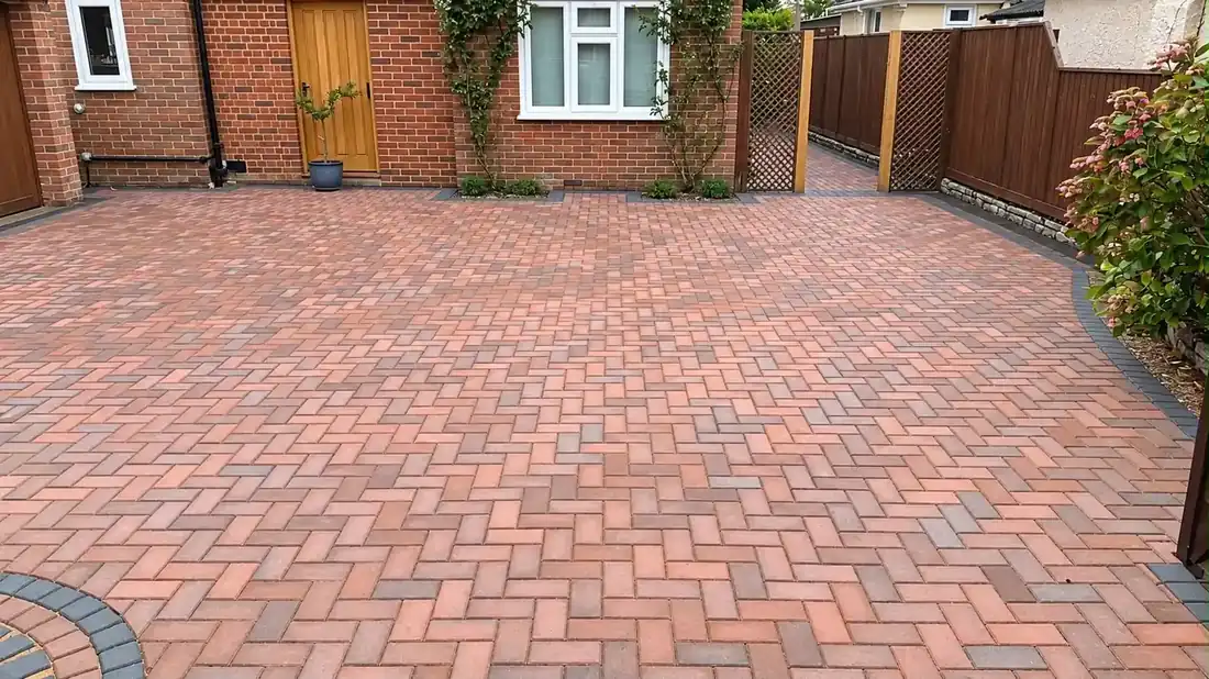 Red multitone block-paved courtyard with charcoal edging
