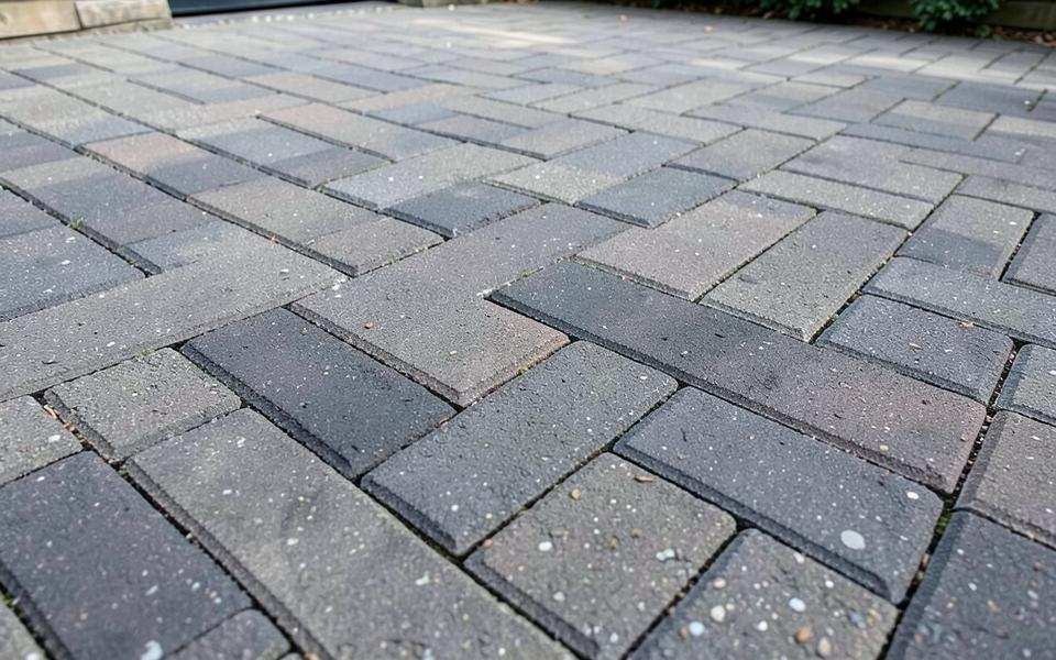 Grey block paving laid in a herringbone pattern