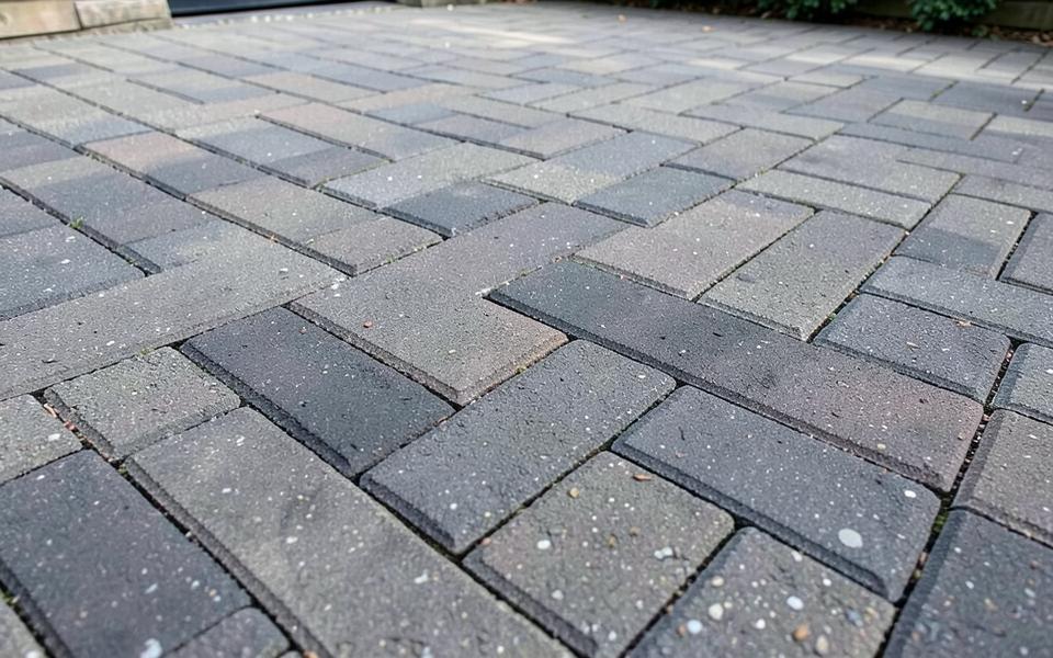 Grey block paving laid in a herringbone pattern