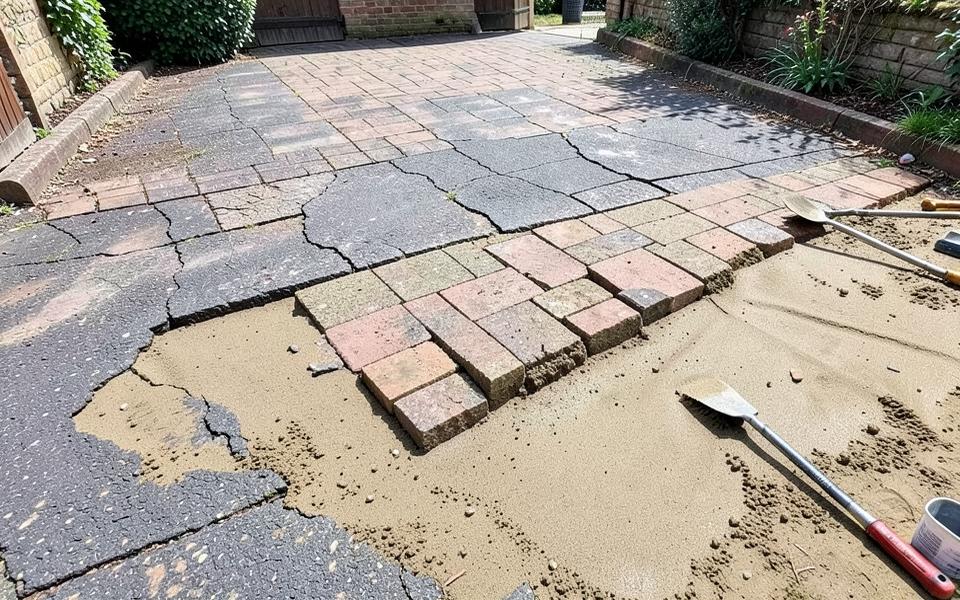 Paving blocks lifted for driveway repair