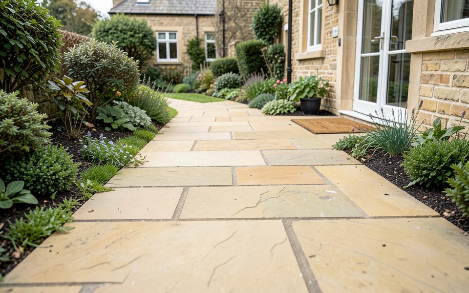 Buff sandstone paving beside a planted border
