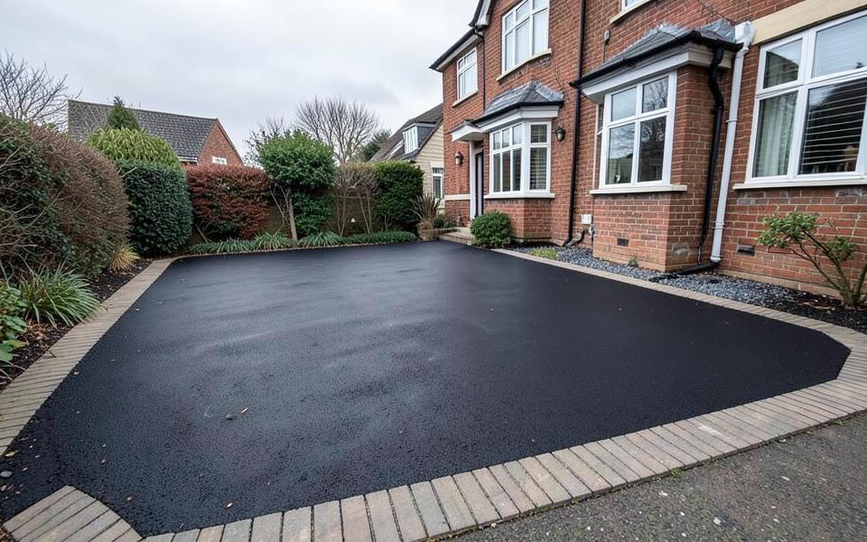 Fresh tarmac driveway with brick edging